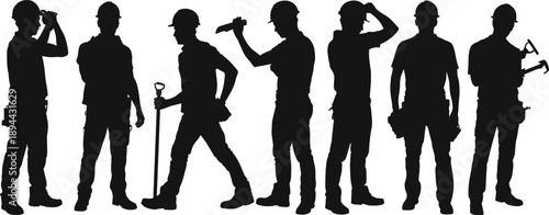 Construction worker silhouettes with tools, male builders in action poses, industrial labor teamwork isolated on white background