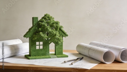 Green ecofriendly house model on table