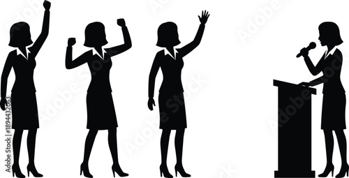 Business woman silhouette giving speech, female leader raising hand at podium, public speaking presentation concept isolated vector illustration