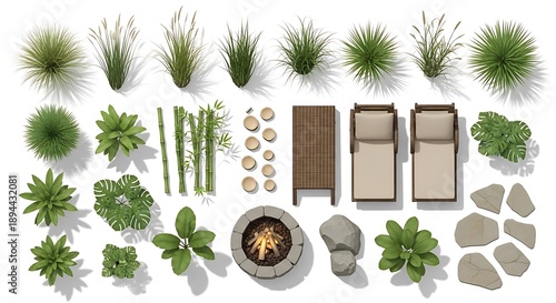 Relaxation Zone Elements: Sun Loungers, Fire Pit, Plants, and Rocks - Top View