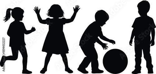 Children silhouettes playing together with ball, kids activity concept vector illustration of boys and girls isolated on white background