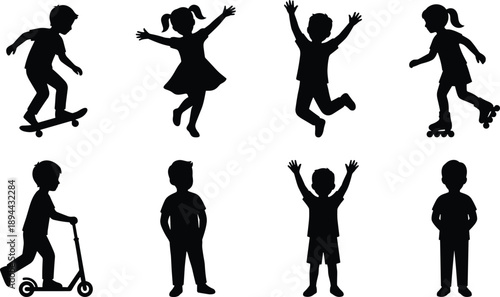 Children silhouettes set playing sports and activities, kids skateboarding jumping scootering running, active childhood lifestyle concept isolated vector illustration