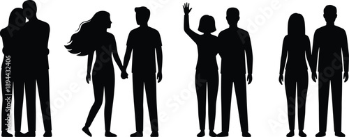Couple silhouettes set holding hands and hugging, men and women in love and friendship poses, relationship concept isolated black vector illustration