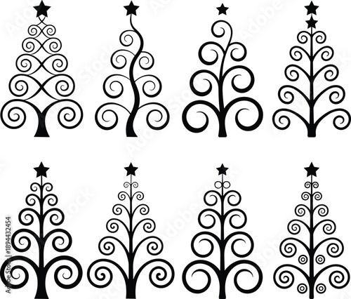 Stylized Christmas trees, black design, spiral branches, festive icons, holiday graphics, winter decoration, abstract shapes, seasonal art, star-topped trees, elegant silhouette