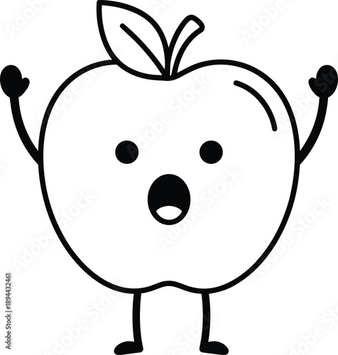 Cute apple cartoon character with happy face, funny fruit mascot line art vector illustration for kids and food design