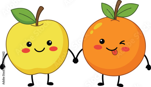 Cute cartoon apple and orange characters holding hands, smiling fruit mascots illustration, healthy food concept, kids friendly vector design