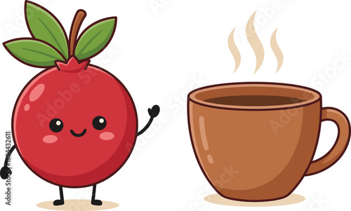 Cute cartoon cranberry character greeting hot coffee cup, smiling fruit mascot illustration, kawaii style vector design for kids