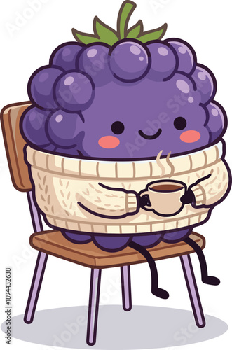 Cute cartoon grape character sitting on chair drinking coffee, cozy fruit mascot illustration, kawaii style vector design for kids