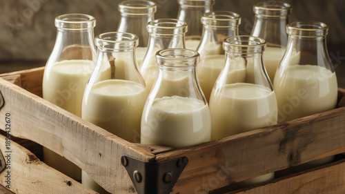 A wooden crate filled with glass bottles of milk