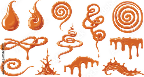 Caramel swirl and drip illustration set with glossy texture, dessert vector for sweet food, packaging, decoration, and digital design themes