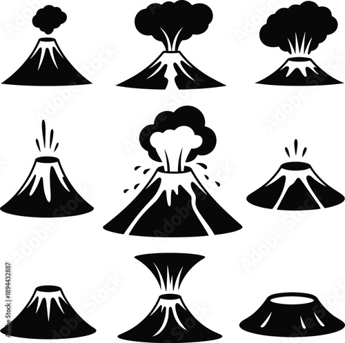 Volcano icons, black silhouette, eruption stages, lava explosion, smoke clouds, natural disaster, geology symbol, vector design, mountain activity, minimal style