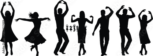 Dancing people silhouettes in energetic poses, celebration concept vector illustration of men and women isolated on white background
