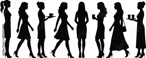 Elegant women silhouettes set, female walking, standing and serving coffee, business lifestyle fashion poses black vector illustration