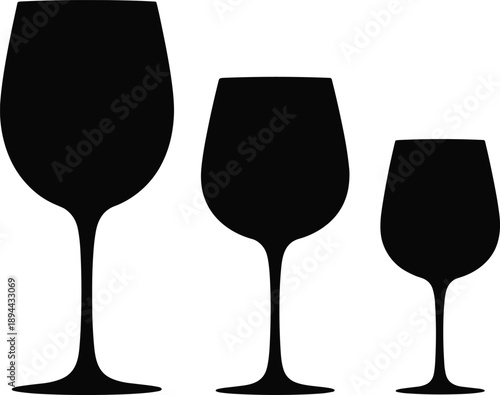 Wine glass silhouettes, black vector, drinkware icon, elegant stemware, glassware set, alcohol, beverage, bar, party, celebration, stylish, minimal, design, illustration, comparison, shape