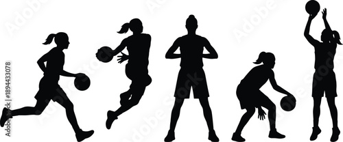 Female basketball player silhouettes set, women dribbling passing shooting dunking poses, sport training concept isolated black vector illustration