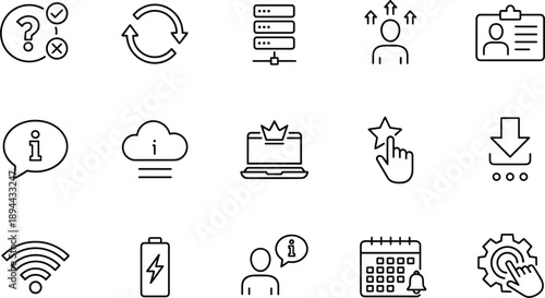 Outline user interface and system icons set featuring information sync cloud server profile notification and settings symbols