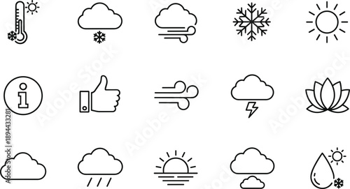 Outline weather and climate icons set featuring temperature clouds wind rain snow sun storm and forecast symbols