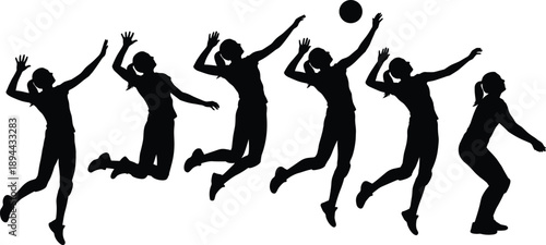 Female volleyball player silhouette jumping sequence hitting ball, sport action motion isolated on white background illustration