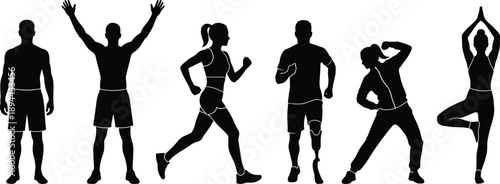 Fitness people silhouettes exercising, running, yoga and workout poses, healthy lifestyle concept, black vector illustration isolated