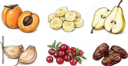 Hand drawn healthy fruits and foods set, peach banana pear garlic cranberry dates, vintage sketch illustration collection