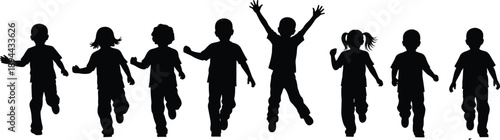 Happy children running silhouettes set, kids jumping and playing together, joyful childhood activity black vector illustration collection