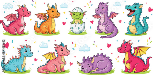 Cartoon baby dragons in colorful fantasy poses with wings, hearts, clouds, and confetti, perfect for children’s illustrations, decor, and playful design themes.