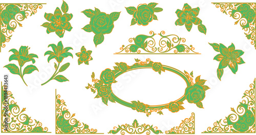 described features a collection of green floral ornaments, each adorned with golden edges, set against a clean white background. This design creates a striking contrast, allowing the vibrant green and