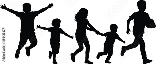 Happy children silhouettes playing and running together, kids holding hands jumping, childhood fun freedom concept isolated black vector illustration