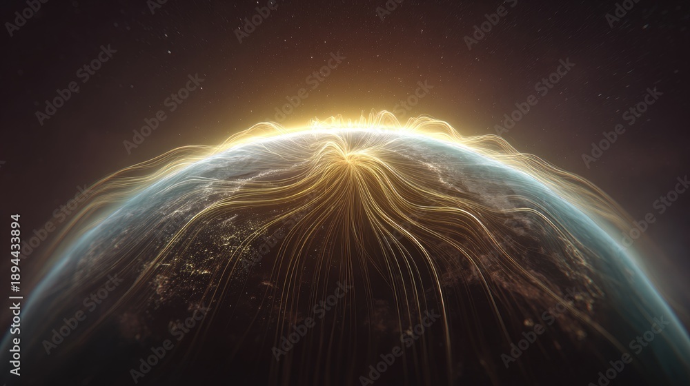 Fototapeta premium Stunning view of Earth from space with glowing energy lines revealing the beauty of planet's surface and atmosphere, showcasing natural wonder and mystery