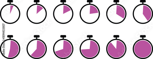 Stopwatch icons with pink highlights showing different times in a series of digital timers, representing countdowns, timers, or time tracking visuals for applications, interfaces, or design concepts