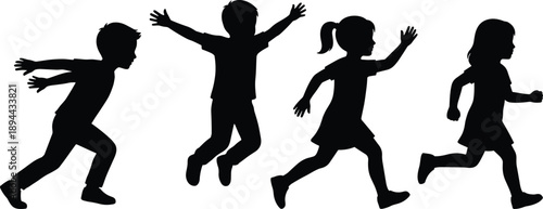Happy kids running and jumping silhouettes collection, playful children activity, energetic childhood lifestyle black vector illustration isolated