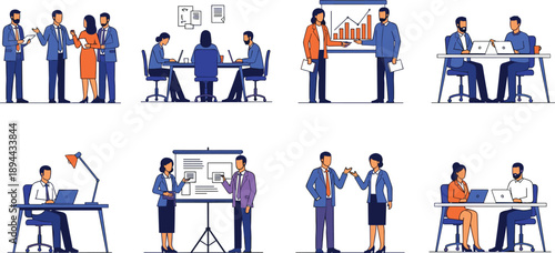 Cartoon business people in office settings engaged in meetings, presentations, and teamwork for corporate communication, workplace design, and professional content themes