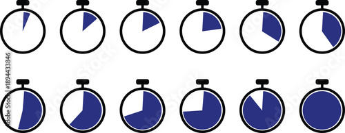 Stopwatch timer sequence with analog dials displaying increasing and decreasing dark blue segments against a white background, illustrating time tracking and measurement devices