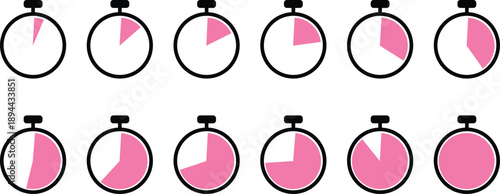 Stopwatch countdown timer with black outline and pink-filled segments indicating different time intervals, digital style showing elapsed and remaining time, minimalistic design