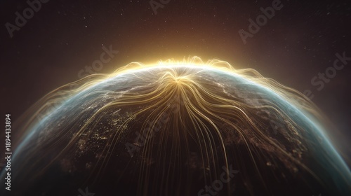 Stunning view of Earth from space with glowing energy lines revealing the beauty of planet's surface and atmosphere, showcasing natural wonder and mystery