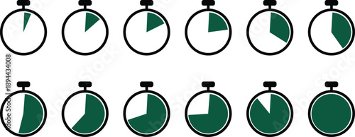 Stopwatch timers with black outlines and white faces showing different time readings, illustrating time measurement devices used for precise timing in various activities and events.