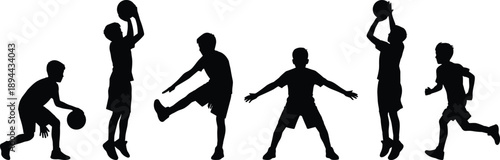 Kids basketball silhouettes in action poses, children dribbling jumping shooting and running, youth sports activity concept isolated black vector illustration