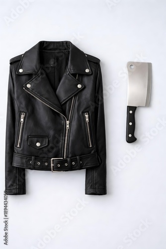 Stylish Black Leather Biker Jacket and Kitchen Cleaver on White Background for Fashion and Culinary Concept Photography