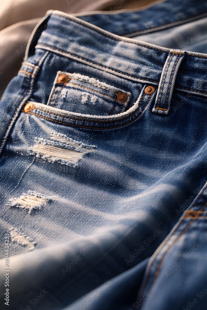 Fototapeta premium Close-Up of Fashionable Distressed Blue Denim Jeans with Rips and Worn Texture Perfect for Apparel and Style Imagery in Contemporary Fashion Photography