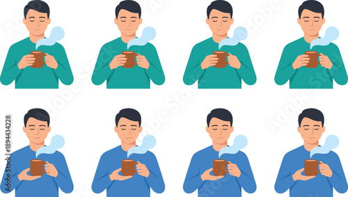 Man holding hot coffee mug, vector illustration set, relaxing morning routine, steaming beverage concept, flat design lifestyle collection