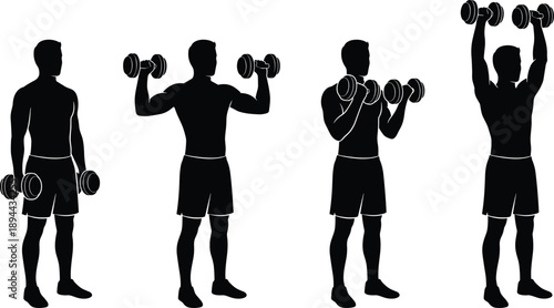 Man lifting dumbbells silhouettes, fitness workout training poses, muscular athlete exercising with weights isolated black vector illustration set