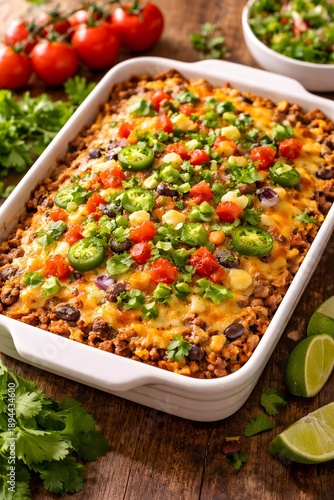 Baked Mexican casserole with black beans, cheese, tomatoes, jalapeños, and fresh cilantro on a wooden table with limes and cherry tomatoes