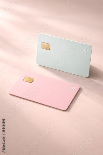 Blank Contactless Cards in Pastel Colors on Soft Background for Financial and Banking Services Stock Photo