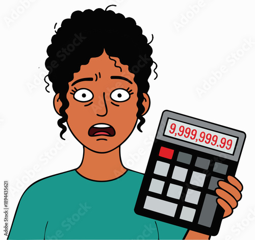 A worried woman holds a calculator showing a very large number, nervously.
The illustration conveys stress and financial shock in a bold cartoon style.