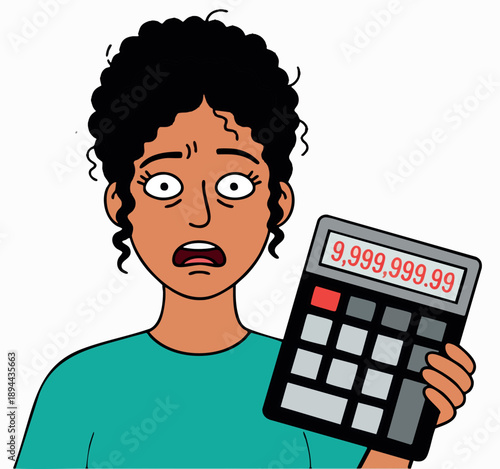 A worried woman holds a calculator showing a very large number, nervously.
The illustration conveys stress and financial shock in a bold cartoon style.