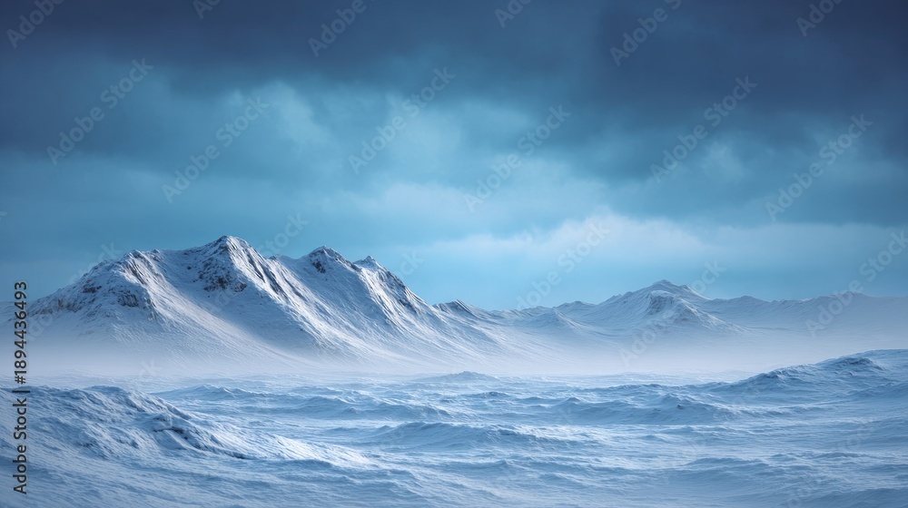 custom made wallpaper toronto digitalSerene Winter Landscape with Snow-Covered Mountains Under Dramatic Cloudy Sky in Soft Light and Hazy Atmosphere, Invoking a Sense of Peace and Isolation