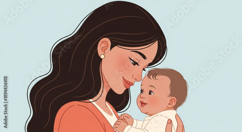 Loving mother holding and kissing her adorable baby on the cheek with care and affection