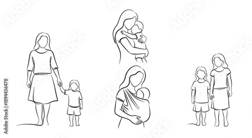 Mother and child line illustrations family love and care