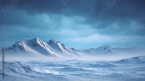 Wallpaper Mural Serene Winter Landscape with Snow-Covered Mountains Under Dramatic Cloudy Sky in Soft Light and Hazy Atmosphere, Invoking a Sense of Peace and Isolation Torontodigital.ca