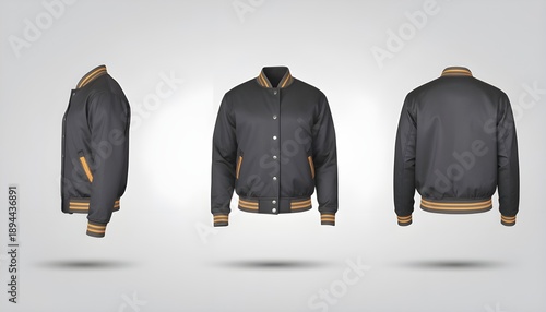 Black varsity jacket mockup presented in a three-panel layout